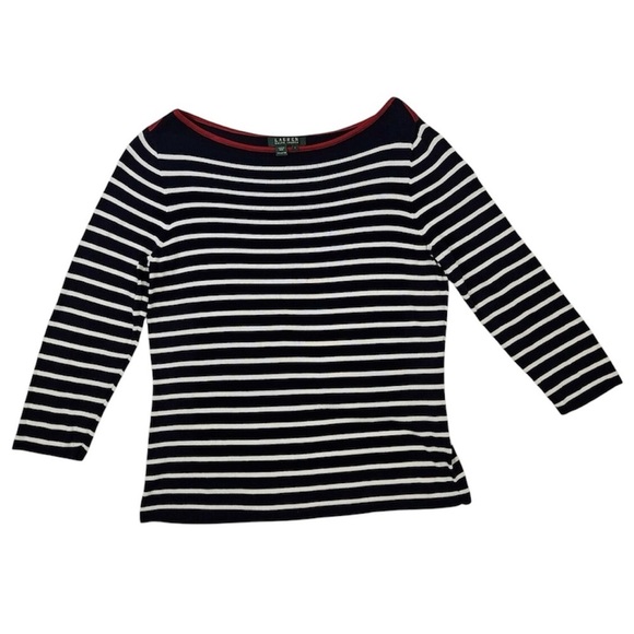 Lauren Ralph Lauren Striped Cotton Knit Top Navy White Nautical Shirt Size Large - Picture 1 of 7